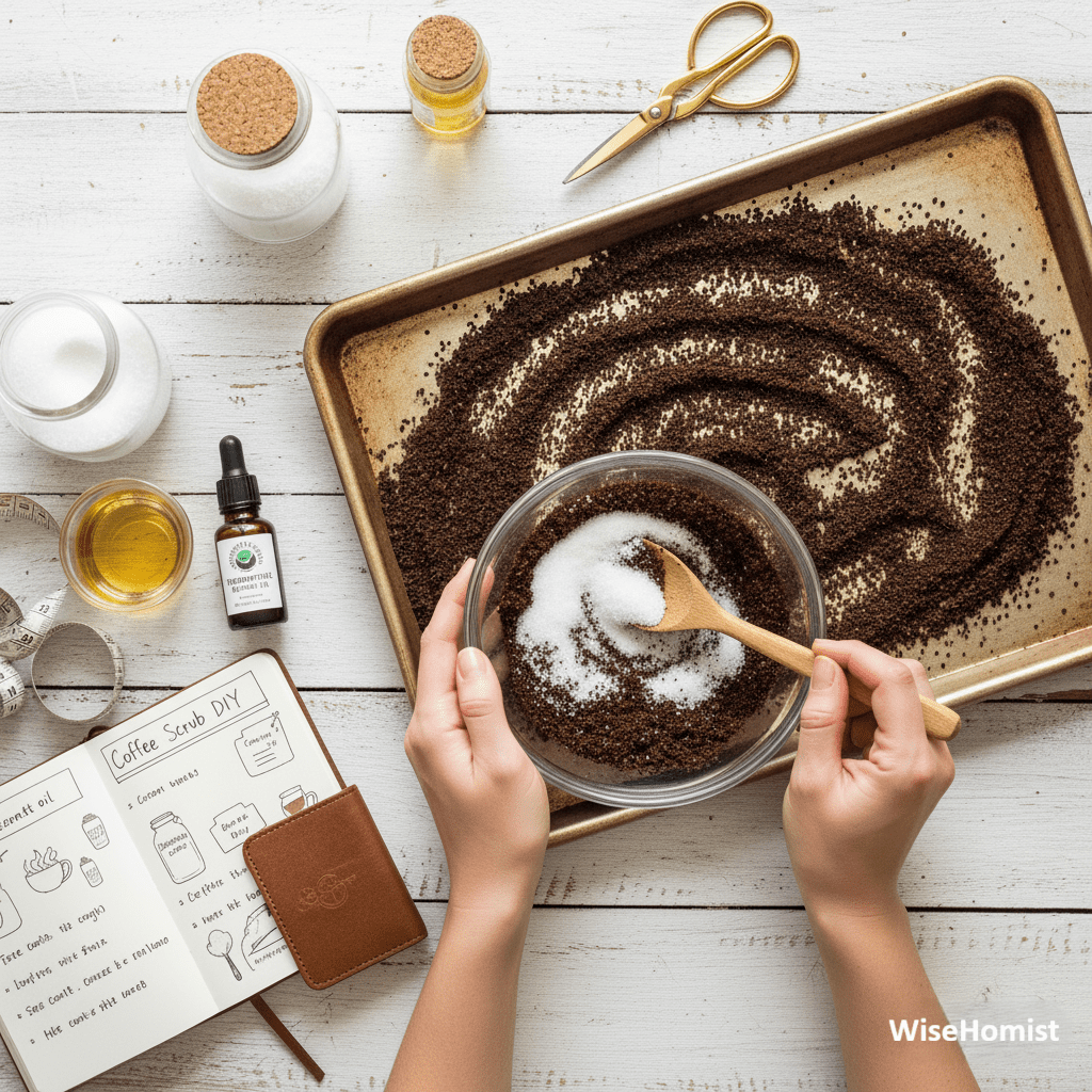 Mixing dry coffee grounds and sugar in a bowl.