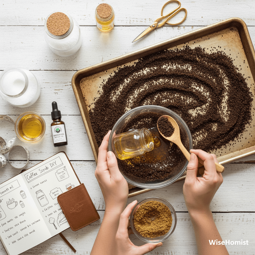 Final DIY coffee scrub stored in a beautiful airtight glass jar.