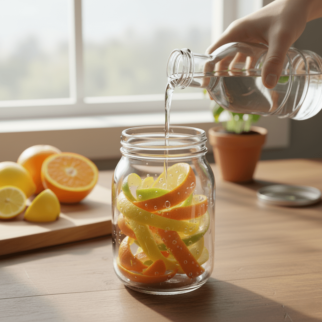 Pouring white vinegar over citrus peels in a jar to start the infusion process.