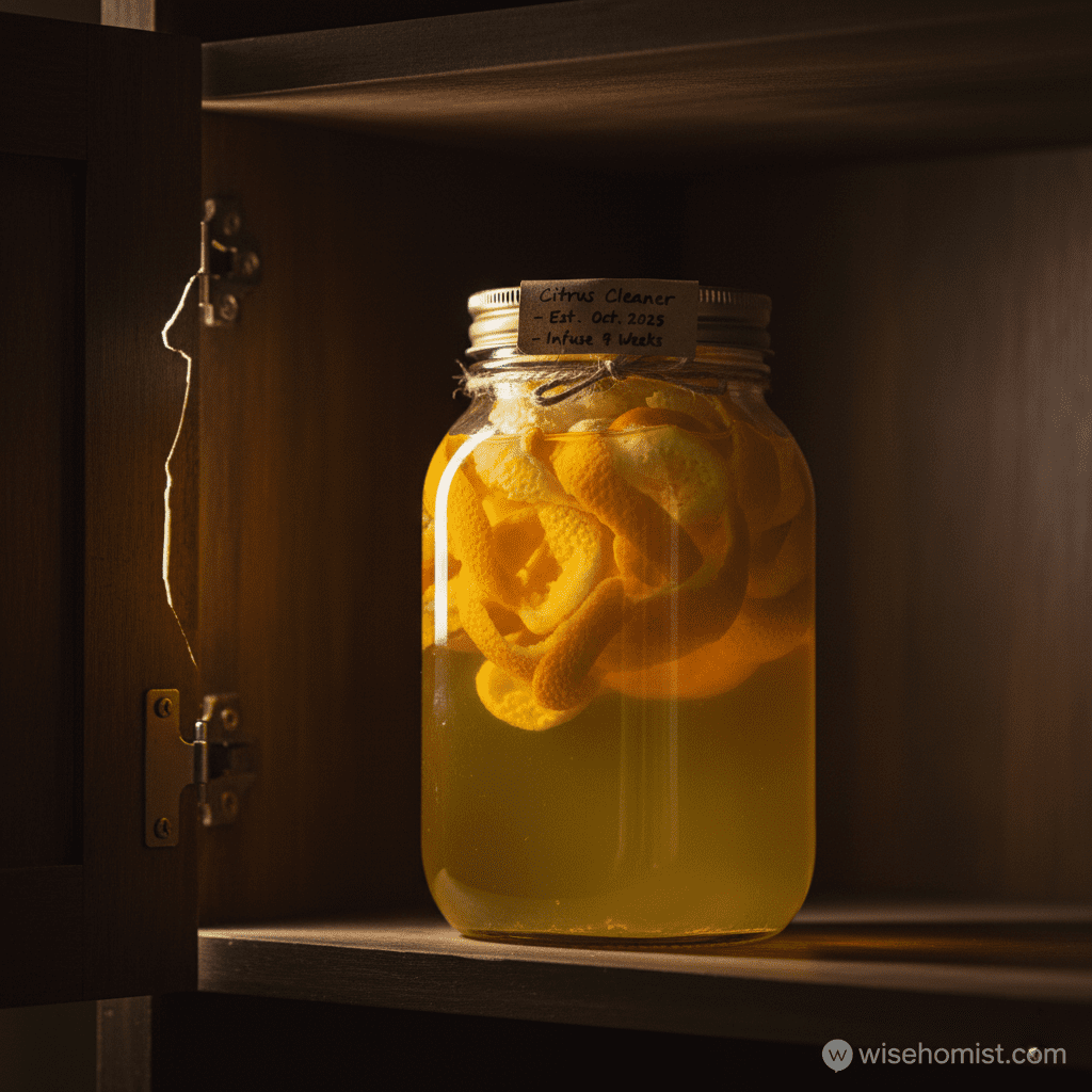 A sealed jar of citrus peels and vinegar infusing in a dark kitchen cabinet.