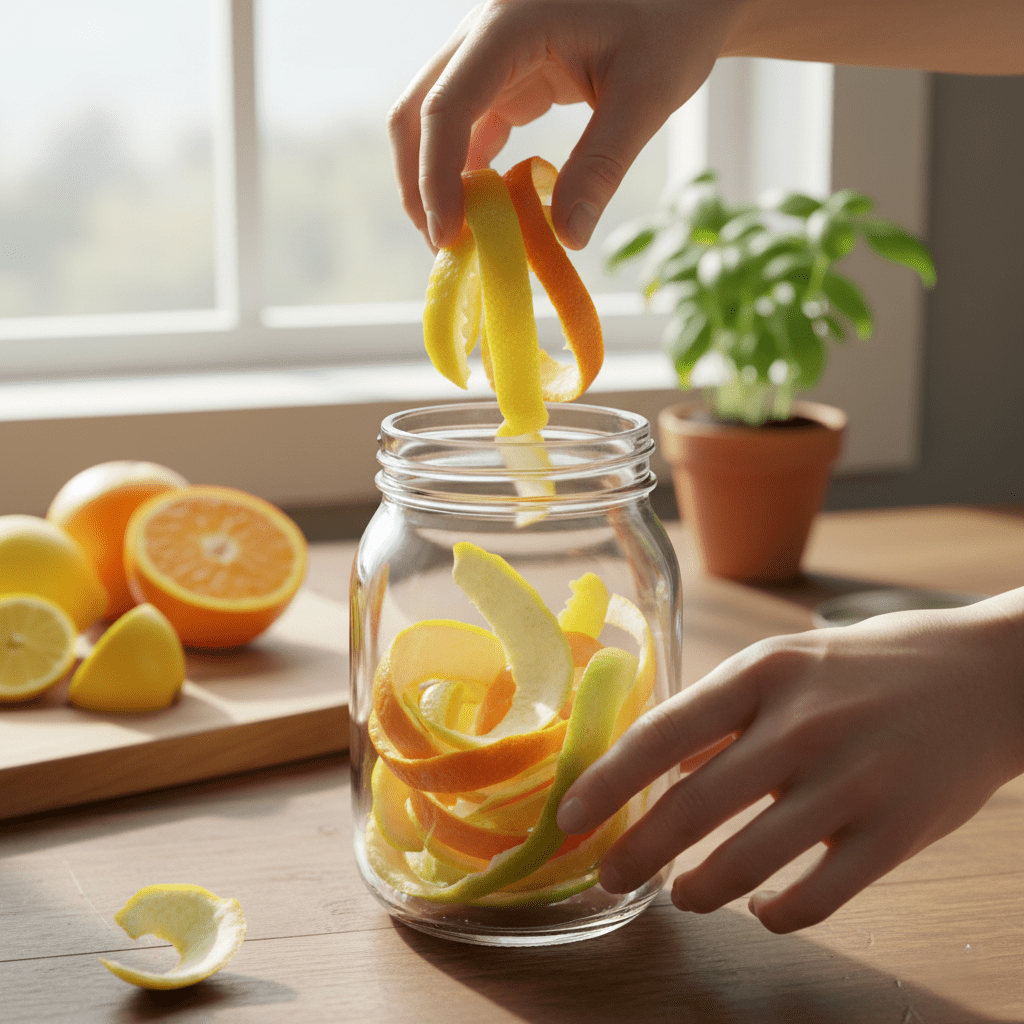 A glass jar being filled with bright orange and lemon peels for upcycling.