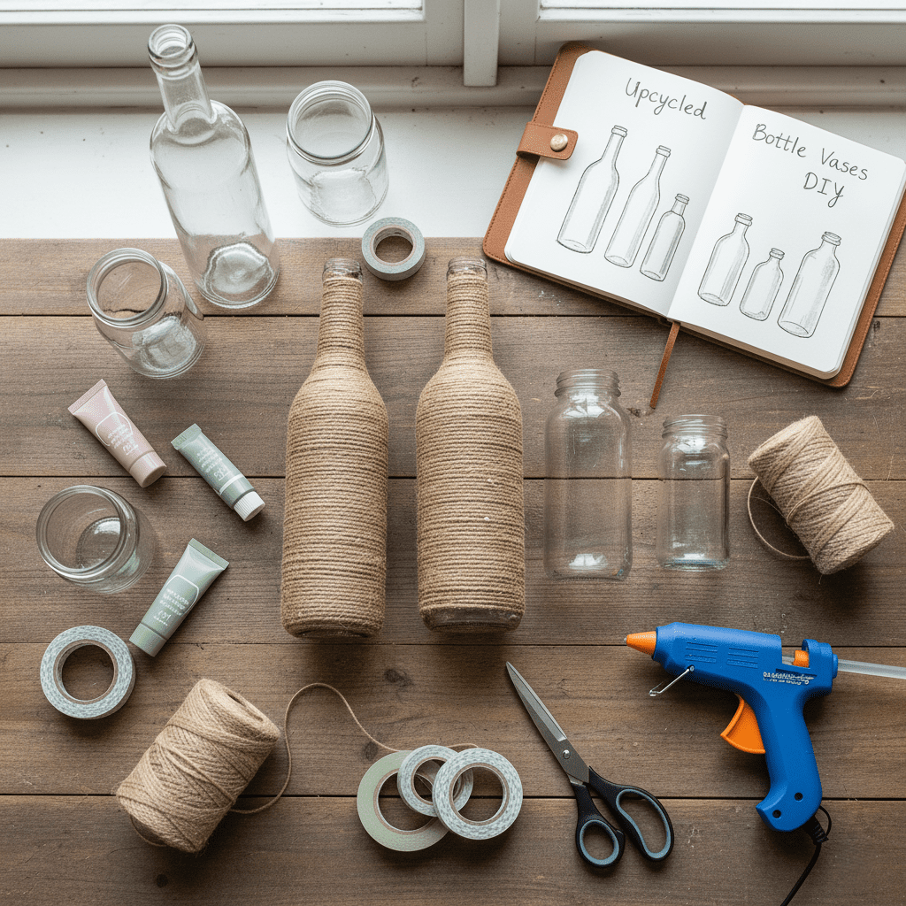 DIY bottle vases being decorated with paint and twine