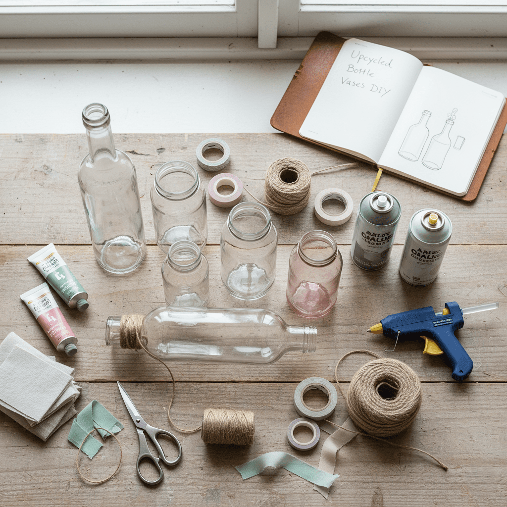 Supplies for DIY bottle vases laid out on a table