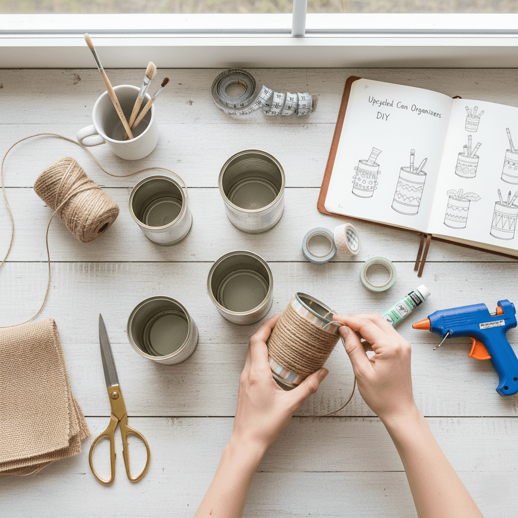 A tin can being wrapped tightly with rustic jute twine.