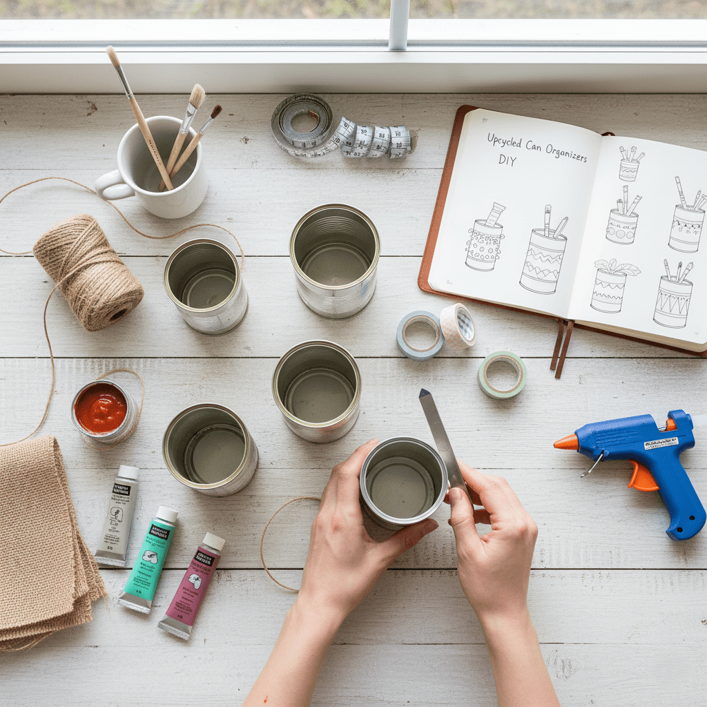 Cleaning and sanding the sharp edges of a tin can for safety.