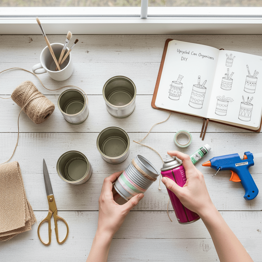 Tin cans being painted with matte green and pink spray paint.