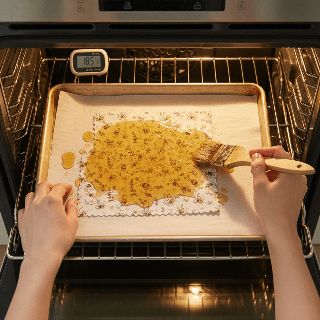 Melted wax mixture spread evenly on fabric inside an oven.