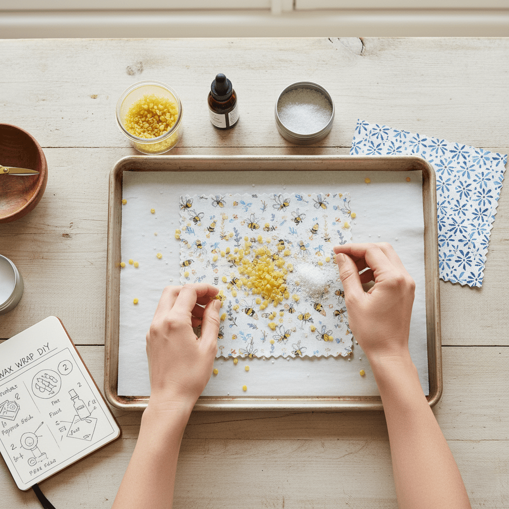Fabric on a baking sheet sprinkled with beeswax pellets, jojoba oil, and pine resin.