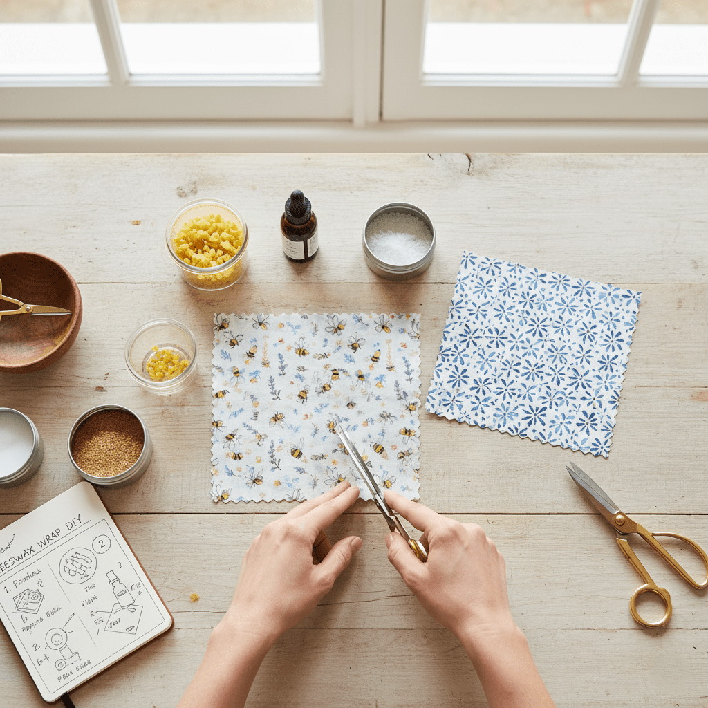 Cutting cotton fabric with pinking shears on a wooden table.
