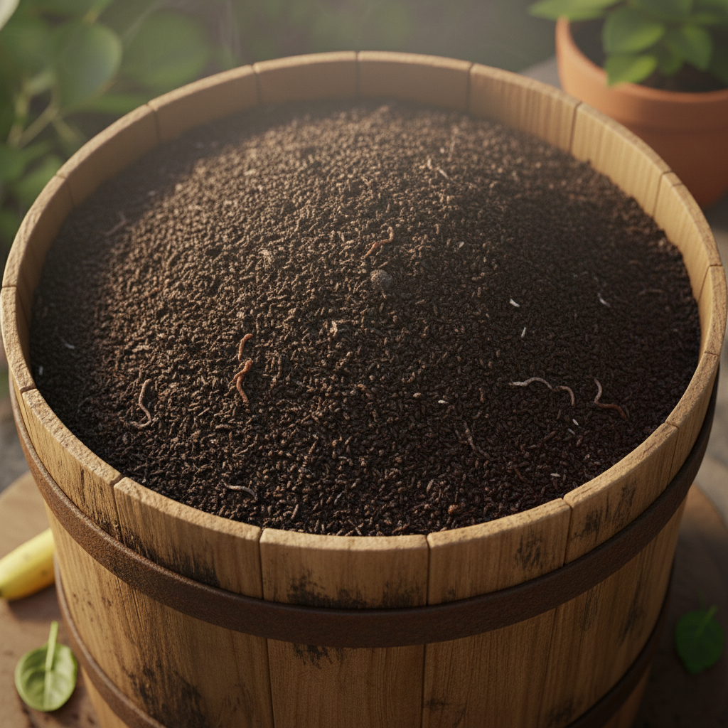 Final Stage image: Finished compost—dark, crumbly material ready for use.