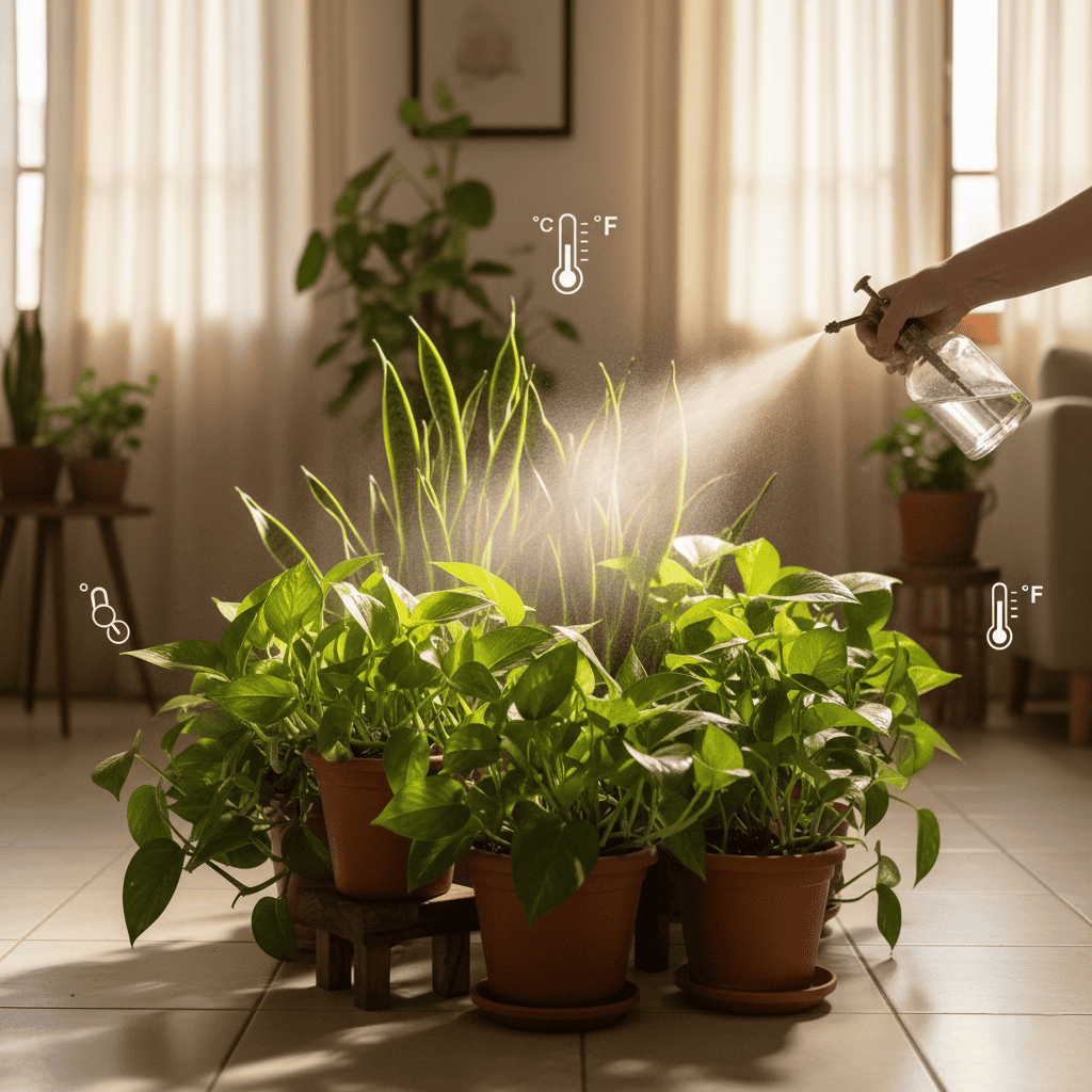 A cluster of green houseplants grouped together near a window.