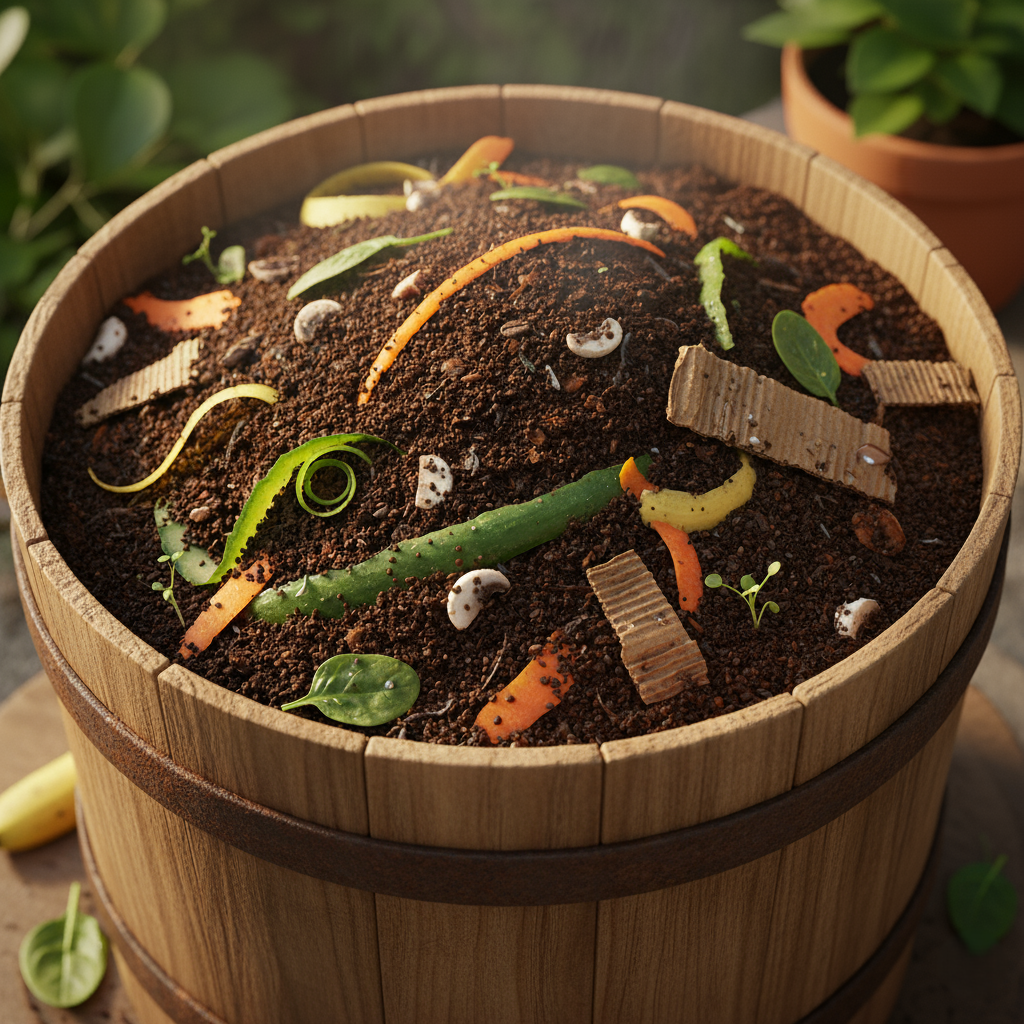 Stage 1 image: Hand layering shredded cardboard over coffee grounds and vegetable scraps in a bin.