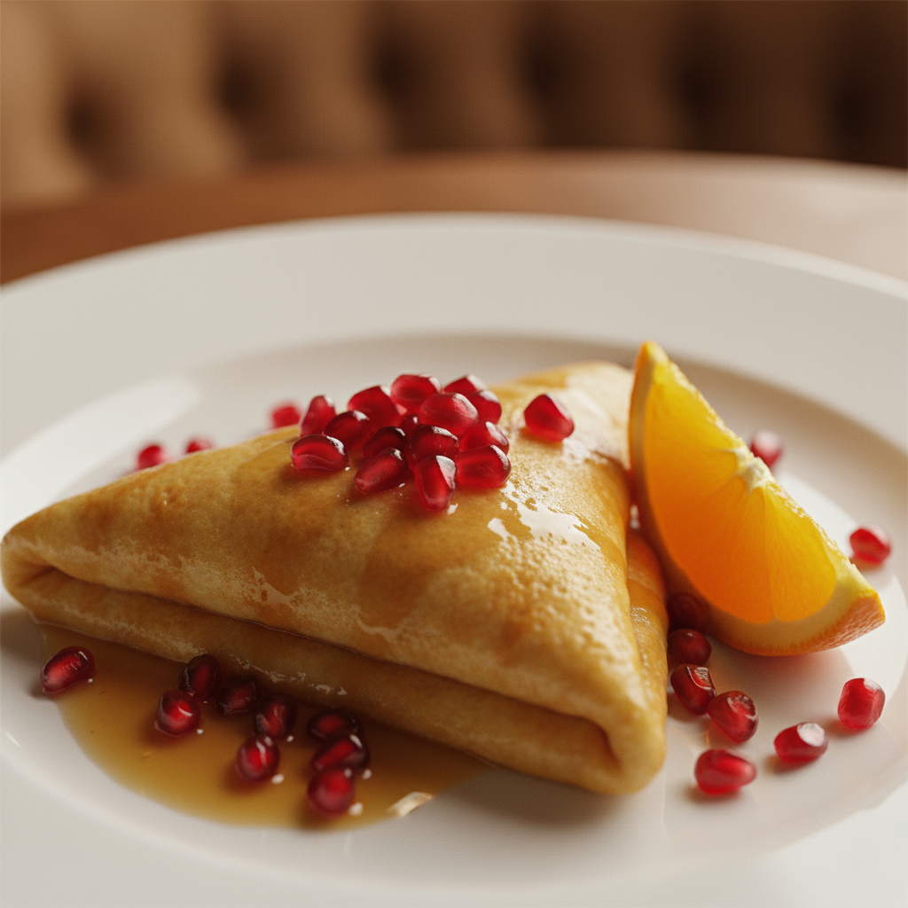 Folded Crêpe Suzette in a pan with orange sauce.