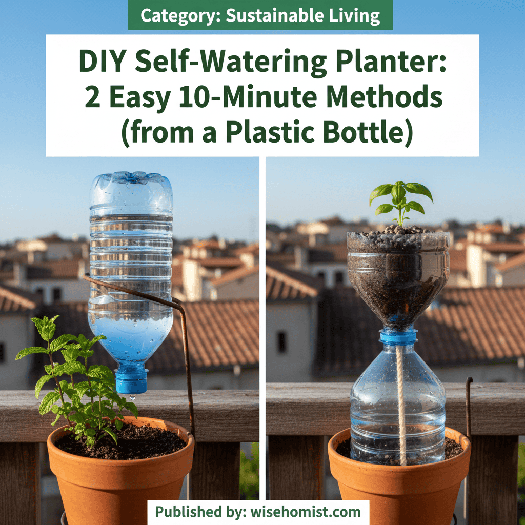 A simple DIY self-watering planter made from a plastic bottle, shown in action with a plant.