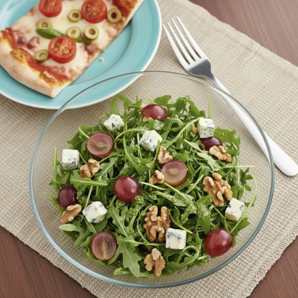 A close-up of mixed salad ingredients before tossing, showing the walnuts and dressing.
