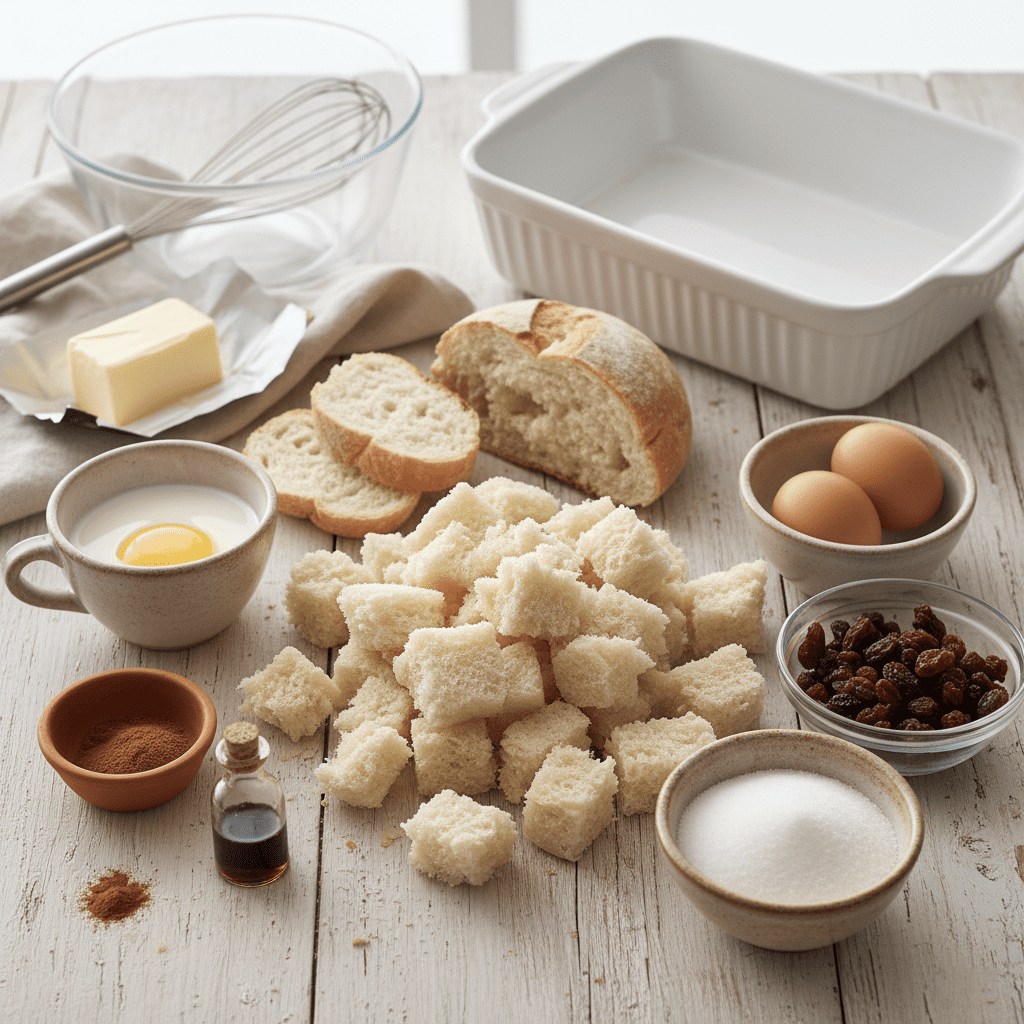 Stale bread cubes and custard ingredients ready for bread pudding.