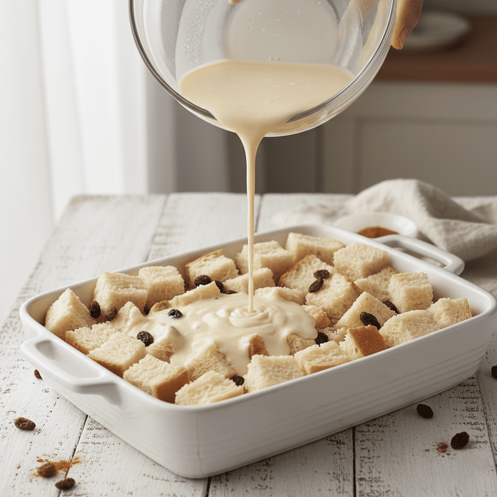 Bread cubes soaking in the custard mixture before baking.