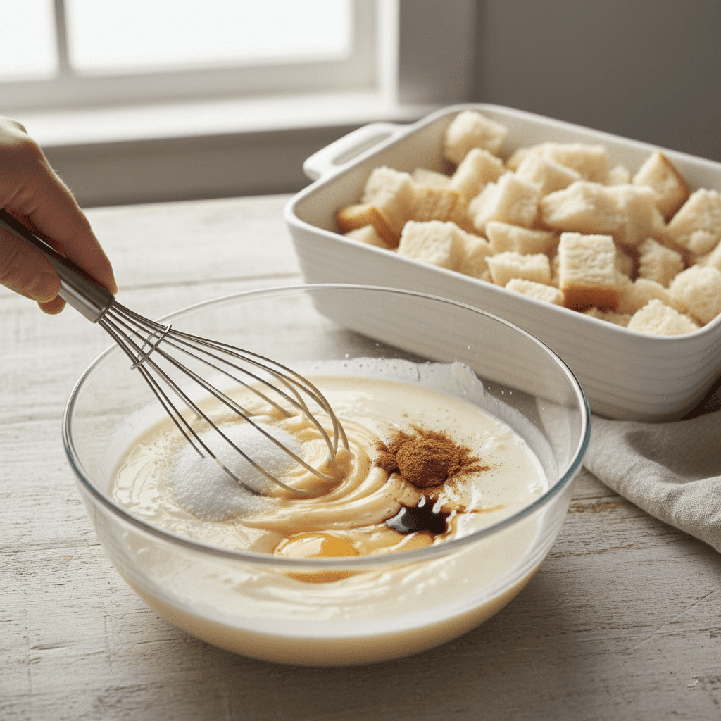 Whisked custard mixture in a bowl and bread cubes in a baking dish.