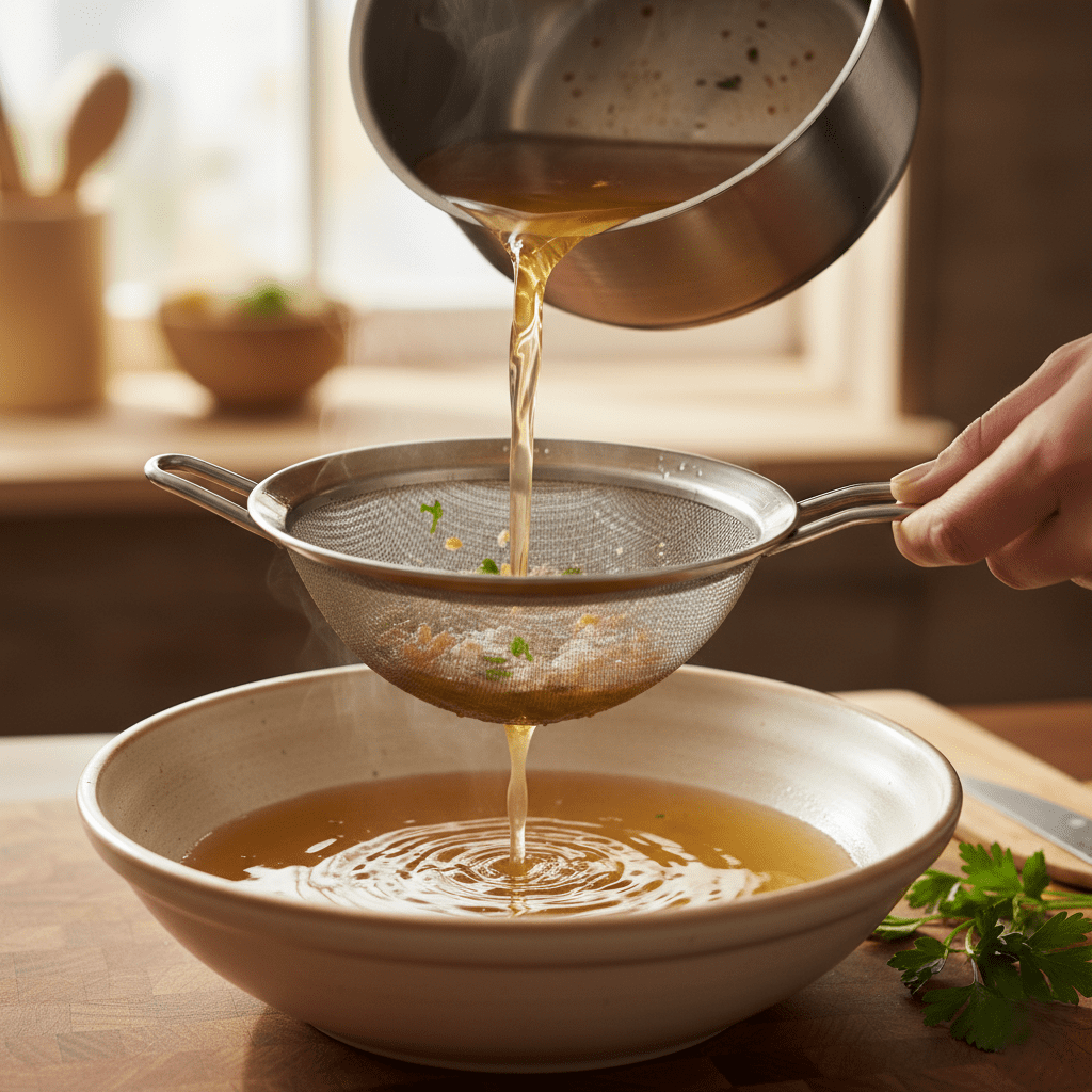 Straining the finished vegetable broth