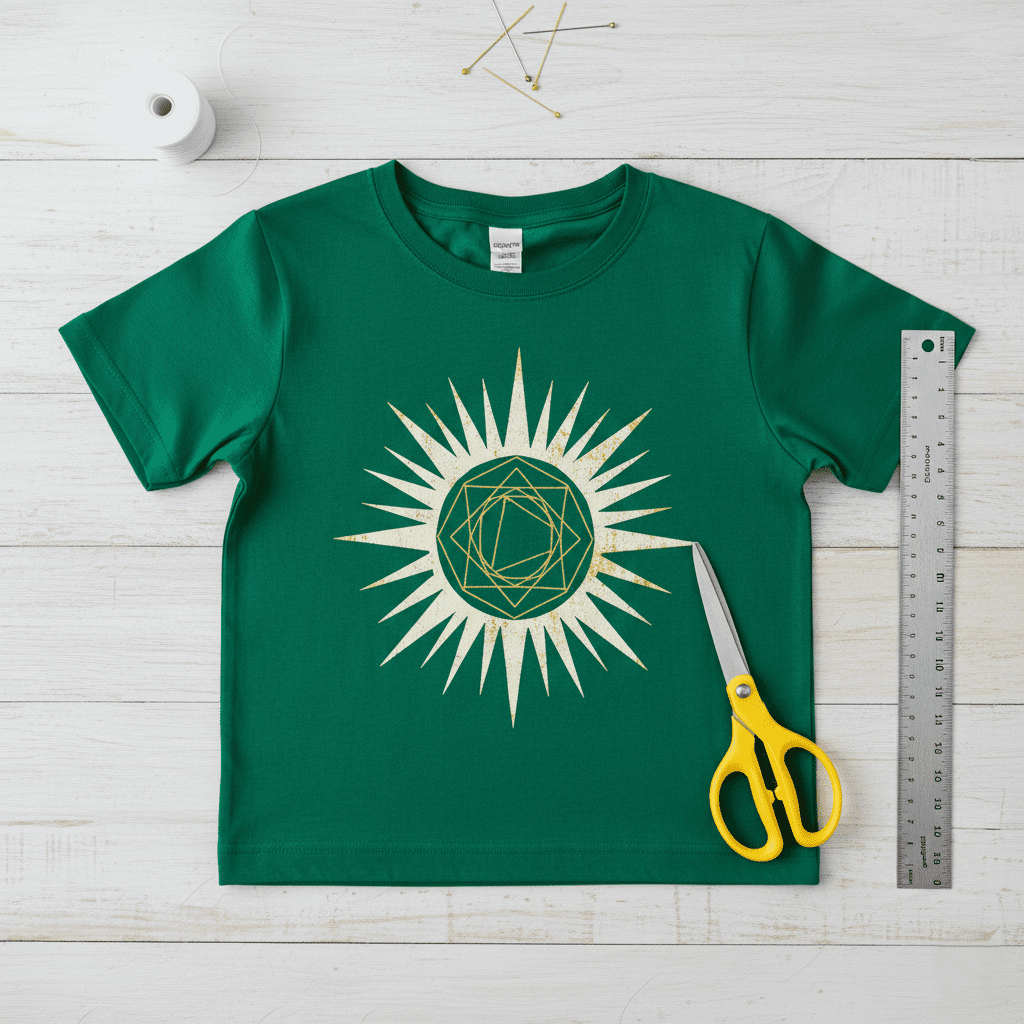 A flat-lay of the t-shirt, scissors, and ruler needed for the DIY project.