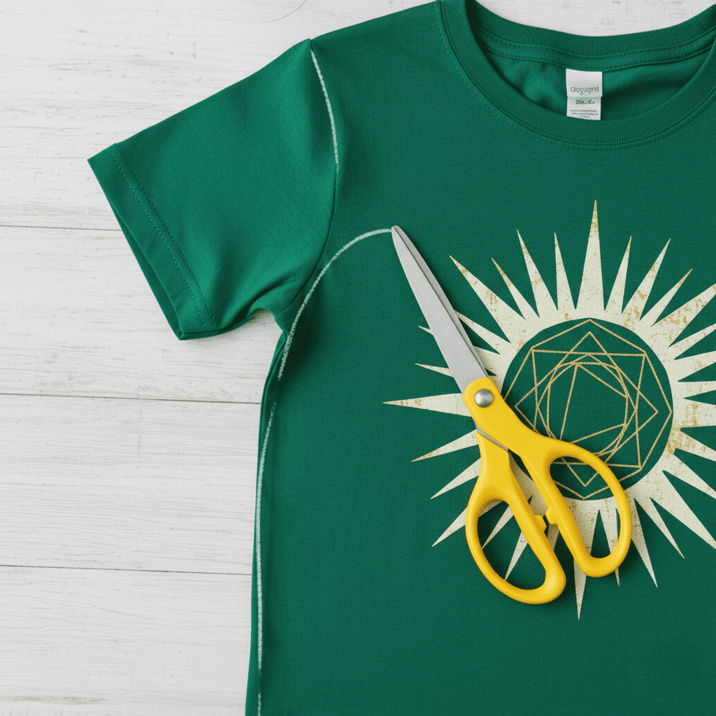 Cutting the sleeves off the t-shirt.