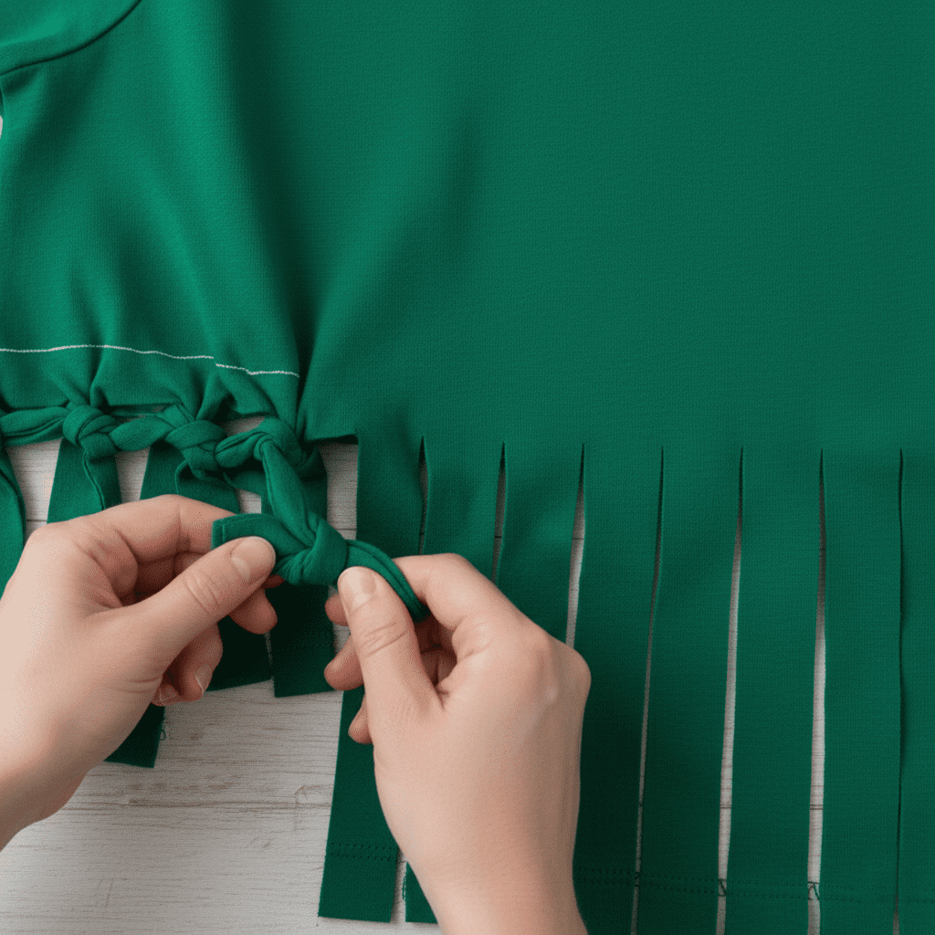 A close-up of hands tying the fringe knots at the bottom of the t-shirt bag.