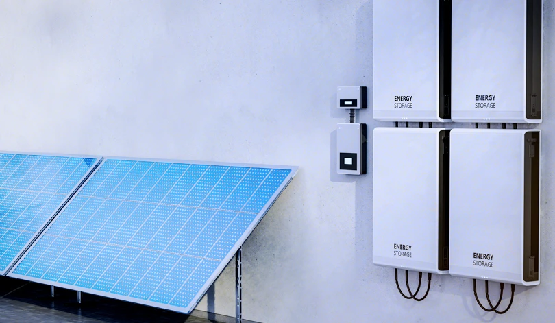 Advanced home infrastructure with solar panels, battery bank, and organized wiring in a modern home.