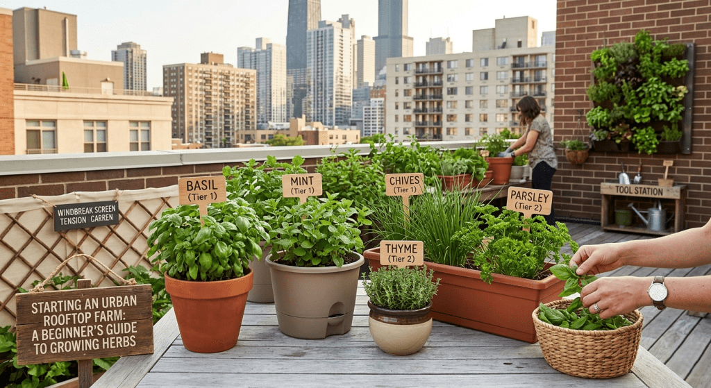 Urban rooftop herb garden with basil, mint, parsley, and chives growing in containers on an apartment roof.