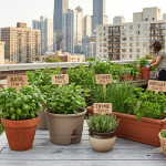 Urban rooftop herb garden with basil, mint, parsley, and chives growing in containers on an apartment roof.