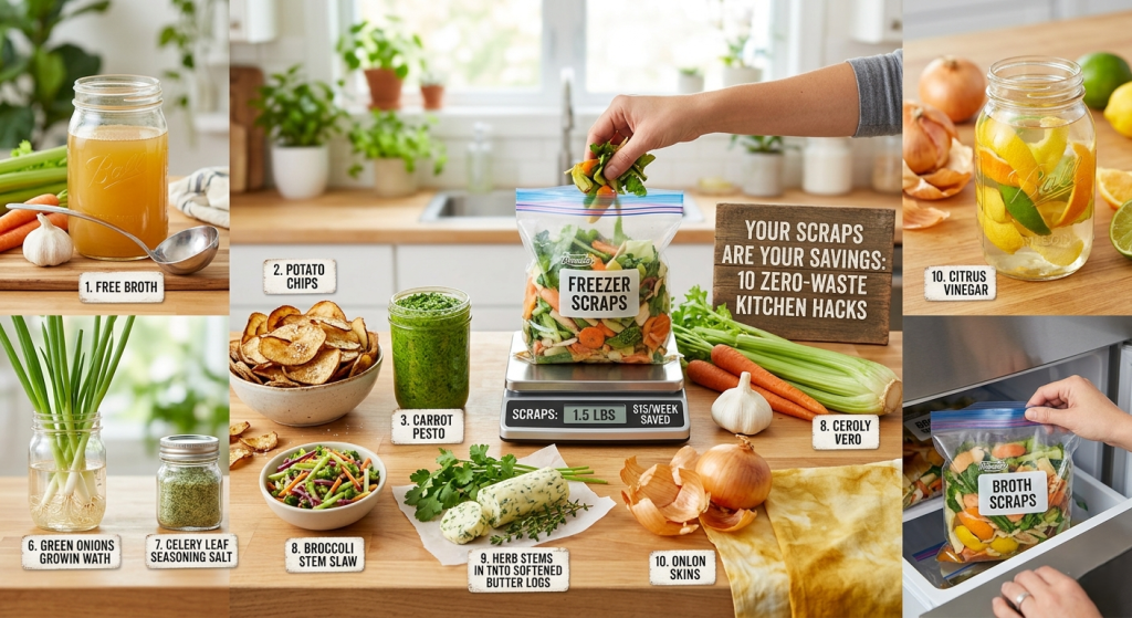 Zero waste kitchen hacks using vegetable scraps like carrot peels, onion skins, and celery tops on a wooden cutting board.