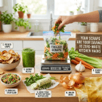 Zero waste kitchen hacks using vegetable scraps like carrot peels, onion skins, and celery tops on a wooden cutting board.