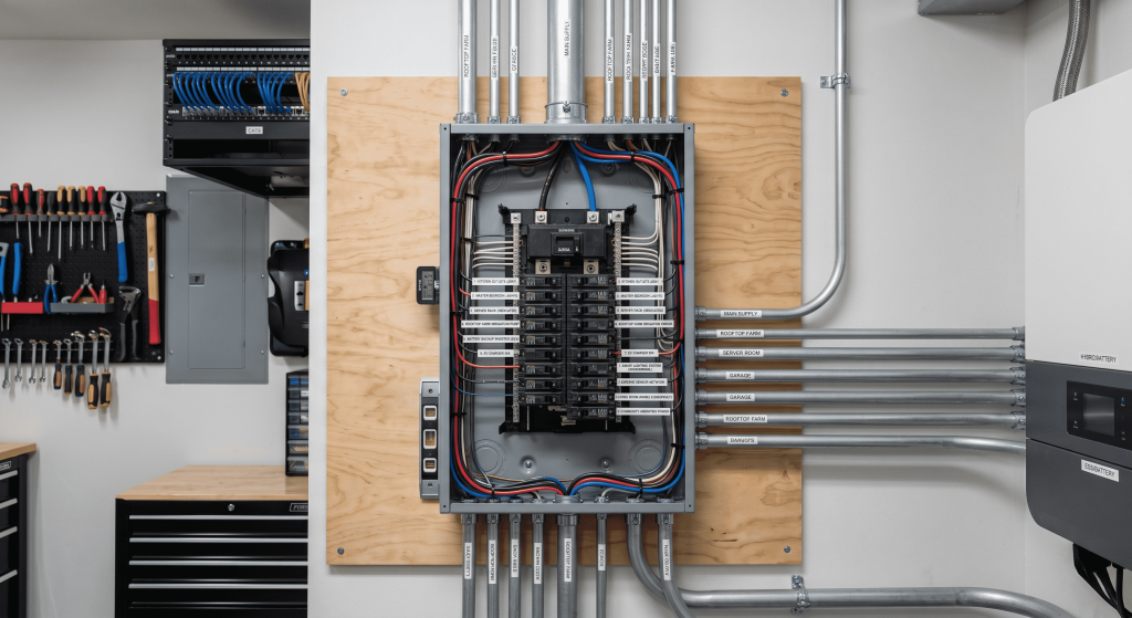 Advanced home infrastructure with solar panels, battery bank, and organized wiring in a modern home.